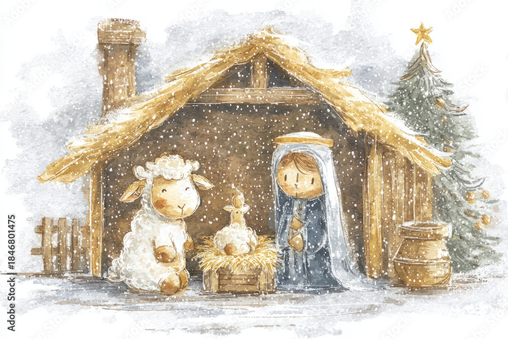 Naklejka premium Christmas watercolor painting of a Christmas reconciliation scene, healing and forgiveness illustration