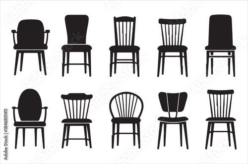 Collection of various black silhouette chairs presented in a neat arrangement