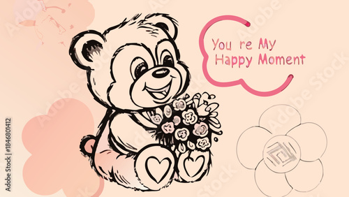 Whimsical teddy bear holding cluster of floral bouquet with hearts and pink background