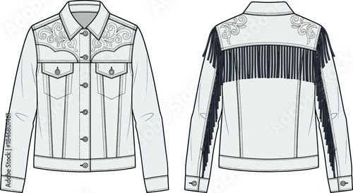 PrintWomen denim jacket fashion illustration, western style garment vector, embroidered fringe design sketch, front back view clothing outline, apparel construction drawing