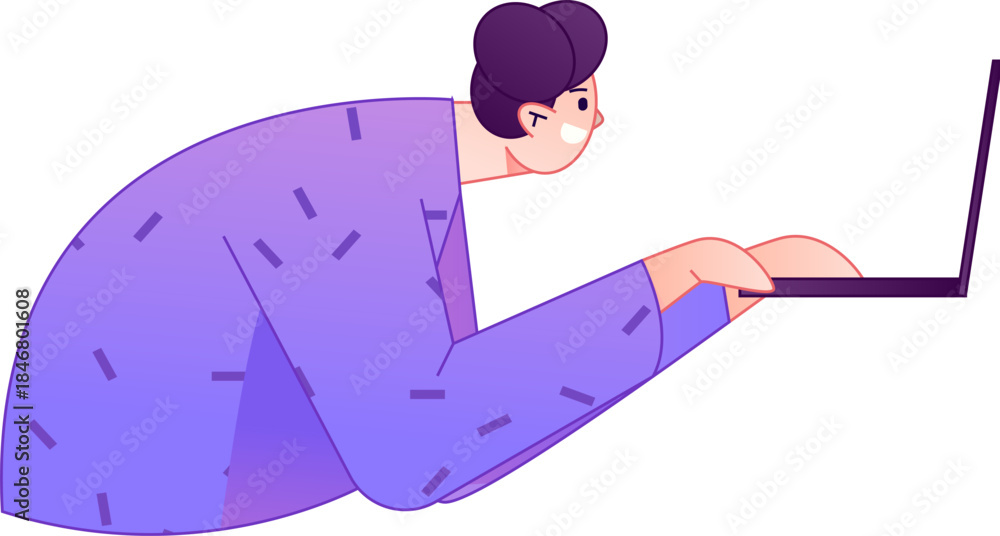 Obraz premium Vector flat gradient illustration of a person working on a computer while working remotely. 