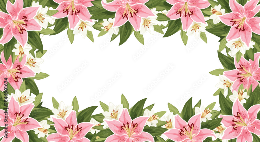 Fototapeta premium Beautiful floral frame border made of pink and white lily flowers with lush green leaves, perfect for invitations and cards.