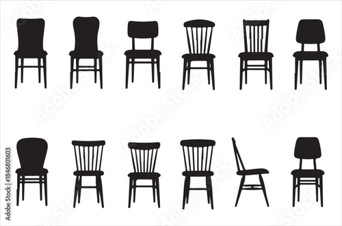 A collection of diverse chair silhouettes arranged in two rows black on white