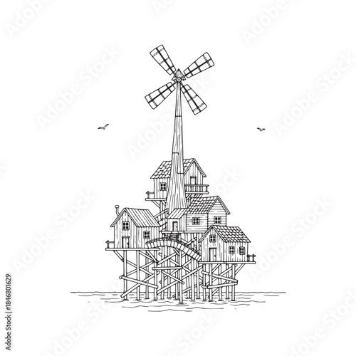 Hand drawn ink sketch of a rustic wooden windmill and houses built on stilts over water, isolated architectural illustration on textured background.
