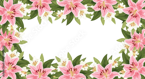 Beautiful floral frame border made of pink and white lily flowers with lush green leaves, perfect for invitations and cards.