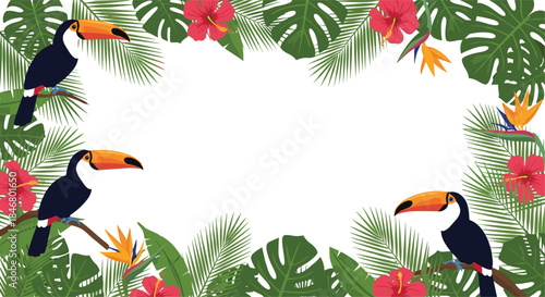Tropical jungle frame with toucans, hibiscus flowers, palm fronds, and monstera leaves creating a vibrant summer border design.