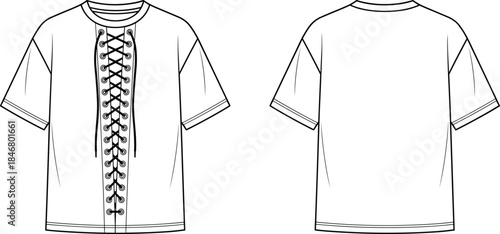 PrintWomen t-shirt fashion illustration, lace up front design vector, short sleeve garment sketch, front back view clothing outline, apparel style drawing