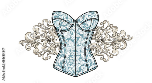 Elegant blue corset with a white damask pattern set against a backdrop of intricate vintage baroque scrollwork ornamentation.