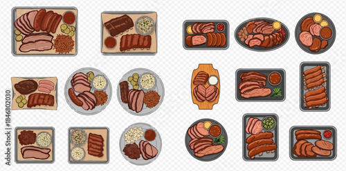 Collection of various barbecue meat dishes with sides, top view illustrations.