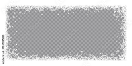 Winter snowflake frame with transparent center, featuring decorative white frosty border and falling snow on a checkered background, perfect for Christmas photo overlays, greeting cards.