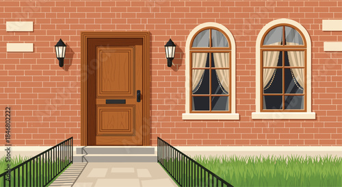 Front facade of a classic red brick house with a wooden door, arched windows, outdoor lanterns, and a small front yard.