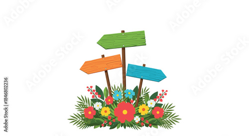 Colorful wooden arrow signpost standing in a bed of bright summer flowers and green leaves, isolated on a white background.