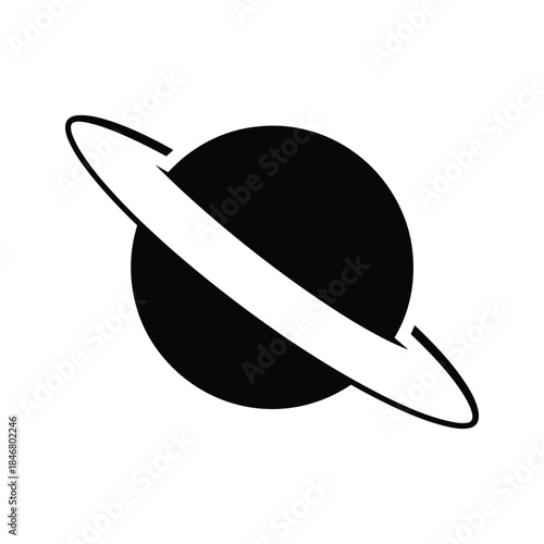 Black planet with white ring on white background space celestial