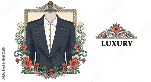 An elegant logo design featuring a tailored suit on a mannequin, set within an ornate vintage frame adorned with beautiful red flowers.
