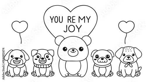 A whimsical teddy bear surrounded by friendly dogs with heart balloons