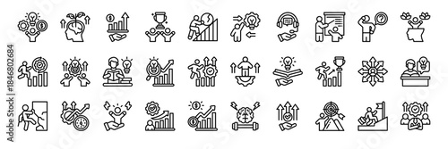 Upskills icon collection line style. containing Skills, Upskill, Mental Growth, Growth, Achievement, Struggle, Proactive, Assistance, Training, people, teamwork, employee