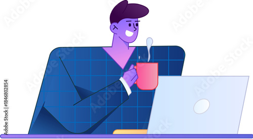 Vector flat gradient illustration of a person working on a computer while working remotely.
