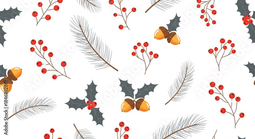Winter Holiday Seamless Pattern Holly Berries Pine Needles Acorns Festive Wrapping Paper Design