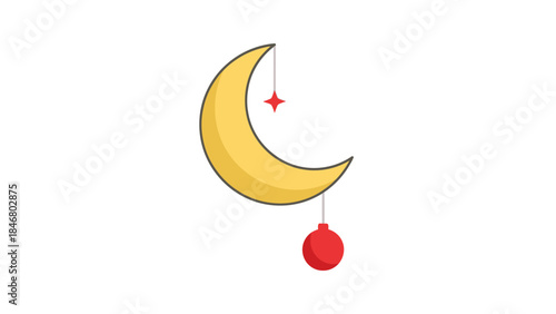 Whimsical yellow crescent moon illustration with dangling red star and spherical ornament.