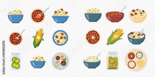 Collection of various food items including bowls of cereal, chili, corn, and pickled cucumbers.
