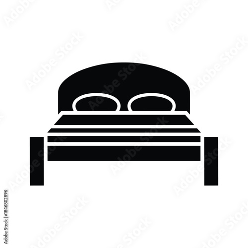 Black silhouette of a bed with pillows and striped bedding white icon