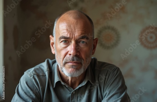 Mature caucasian man aged 40-50 with graying beard and hair looks seriously at camera. Adult guy poses indoors against patterned wall. He has a confident, strong and calm expression.