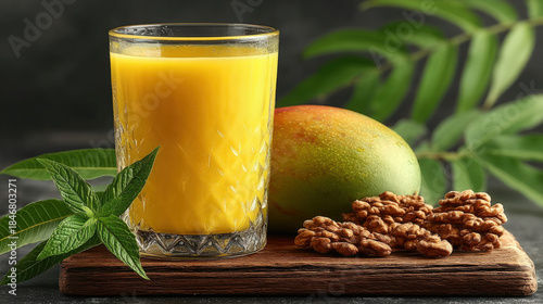 Mango juice drink in a tall...