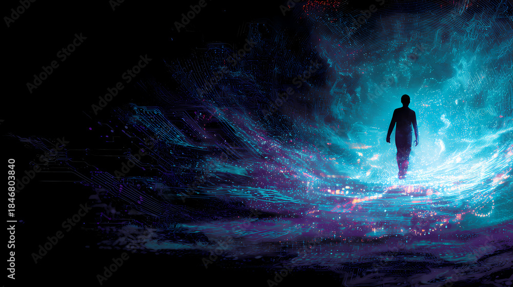 Fototapeta premium Abstract Silhouette of a Man Standing Before a Luminous Blue Digital Portal