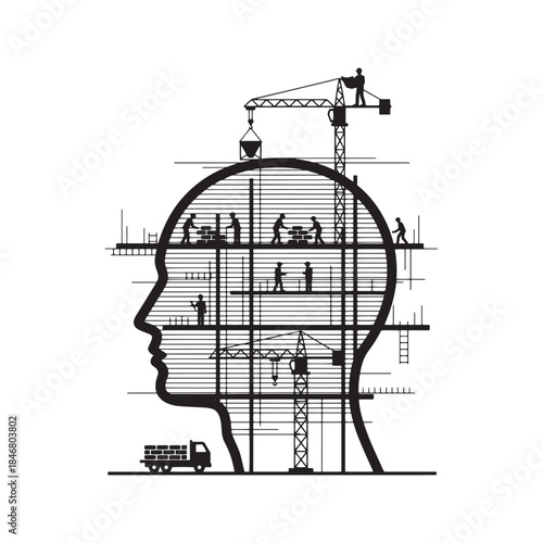 Conceptual silhouette illustration of a human head profile filled with a busy construction site, workers, and cranes, representing mental development, planning, or psychology.
