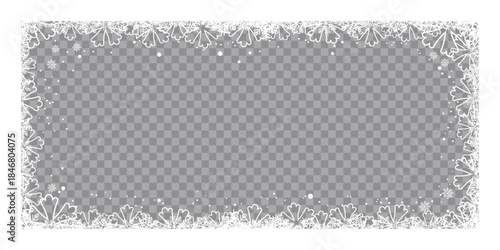 Winter snowflake frame with transparent center, featuring decorative white frosty border and falling snow on a checkered background, perfect for Christmas photo overlays, greeting cards.