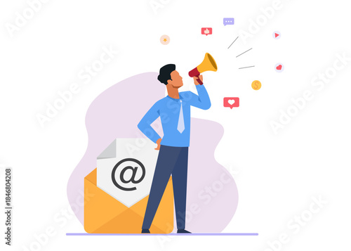Businessman attracts customers. Mailing of letters. Concept of promotion, email marketing, pr, customer attraction. Stock illustration