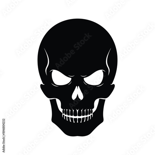 Black skull with white eyes and teeth on white background head bone