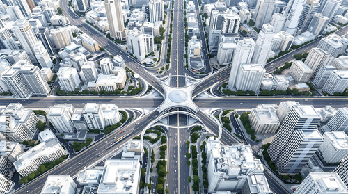Urban Intersection: An aerial view showcases the intricate network of a modern city intersection, emphasizing the architectural design and infrastructure.