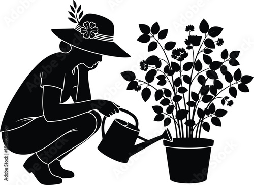 Black Silhouette of a Woman in a Sun Hat Watering a Potted Flowering Plant with a Watering Can, Isolated Vector Illustration on White.