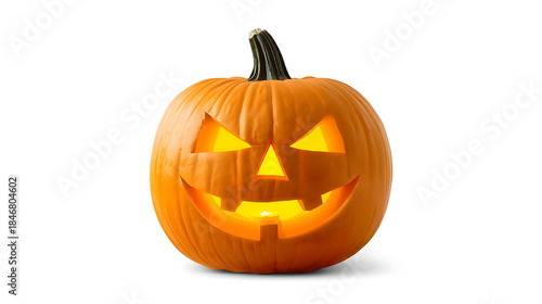 A classic Halloween jack-o’-lantern pumpkin is depicted with sharp slanted eyes, a small triangular nose, and a wide mischievous grin featuring uneven teeth. It is illuminated by warm yellow candlelig