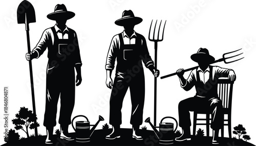 Black Silhouette Set of Farmers and Agricultural Workers with Shovel, Pitchfork, and Watering Cans, Representing Farming and Rural Labor Vector.
