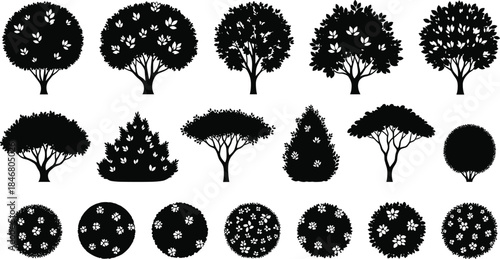 Black Silhouette Set of People Gardening, Planting Flowers, and Caring for Potted Plants, Featuring Men, Women, and a Child Vector Illustration.