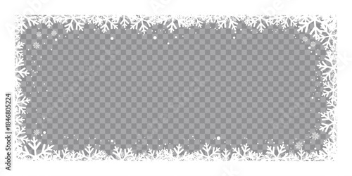 Winter snowflake frame with transparent center, featuring decorative white frosty border and falling snow on a checkered background, perfect for Christmas photo overlays, greeting cards.
