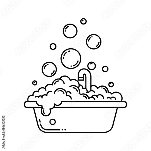 Line art illustration of a bathtub overflowing with bubbles and floating bubbles