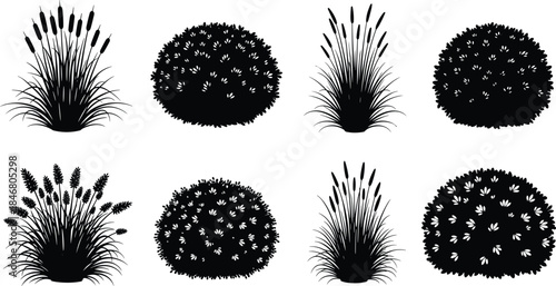 Black silhouette vector bundle of dense ornamental grasses, marsh reeds, and decorative round bushes, perfect for garden, park, and nature landscaping design elements.