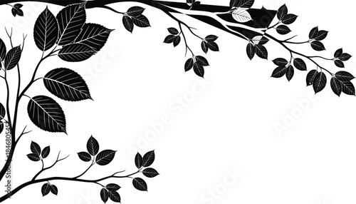 Black Silhouette Vector Corner Frame of Tree Branches and Lush Leaves, Botanical Nature Border Element Isolated on White Background, Springtime Foliage Decoration.