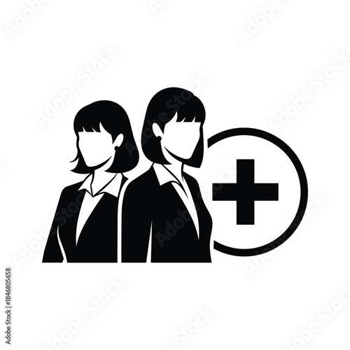 Two businesswomen icons with a plus symbol in a circle people teamwork