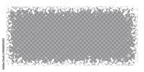 Winter snowflake frame with transparent center, featuring decorative white frosty border and falling snow on a checkered background, perfect for Christmas photo overlays, greeting cards.