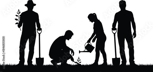 Community volunteers planting trees together for environmental conservation, sustainable green project, happy people gardening, nature care, ecological responsibility, earth day celebration.