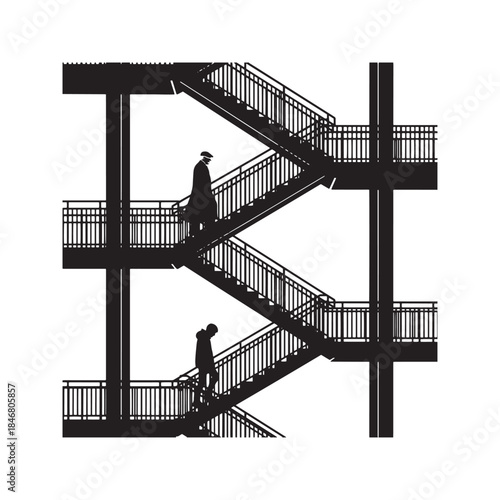 Black and white silhouette of people walking on an outdoor metal industrial staircase, urban architecture photography featuring geometric diagonal lines and high contrast.
