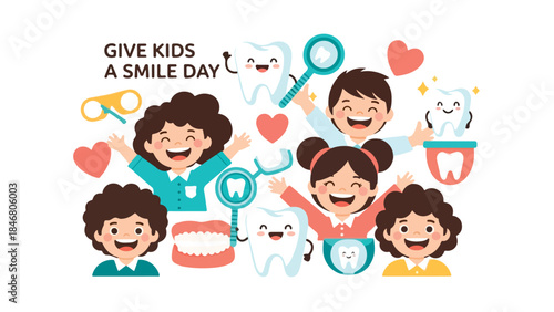 Colorful illustration of happy kids with dental tools on Give Kids A Smile Day, promoting oral health and fun