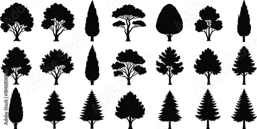 Extensive Black Silhouette Vector Collection: People Gardening, Planting Flowers, Digging Soil, and a Variety of Detailed Coniferous and Deciduous Tree Shapes.