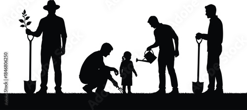 Generational Planting: Silhouette Vector of People Gardening Together, Caring for Environment, Family Legacy, Sustainability, Group of Gardeners Working Outdoors for a Greener Future.