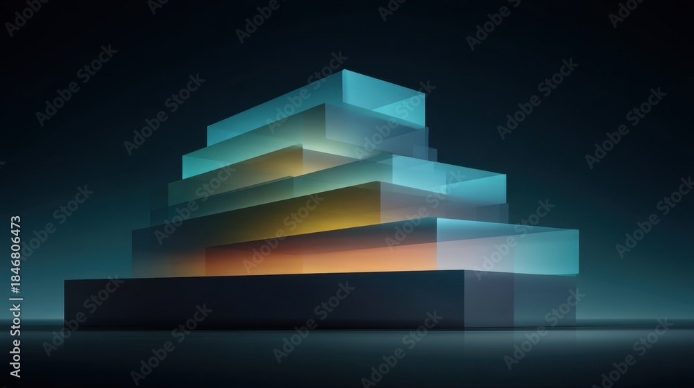 Fototapeta premium Abstract glowing layers of translucent colorful blocks in a pyramid shape against a dark background, creating a modern artistic composition