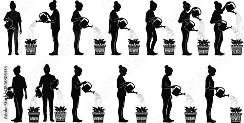 Large Black Silhouette Vector Collection: Gardeners, Diverse Trees, Decorative Flowers, and People Watering Plants for Extensive Nature and Horticulture Design.